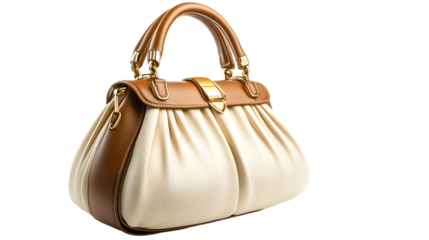 Elegant handbag features beige leather and tan trim accents