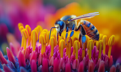Close-up of bees pollinating brightly colored flower stamens, showcasing vibrant colors and intricate details of nature.