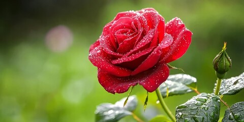 Beautiful Red Rose with Raindrops on Petals in Lush Green Background
