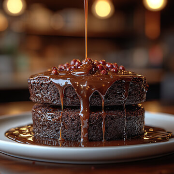 Caramel sauce pouring over dark chocolate fudge, 45&deg; side light showing viscosity trace, warmth of golden hour