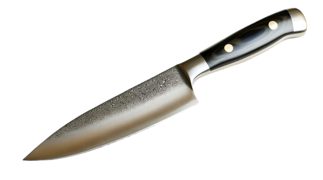 Damascus steel knife with dark wood handle on black background