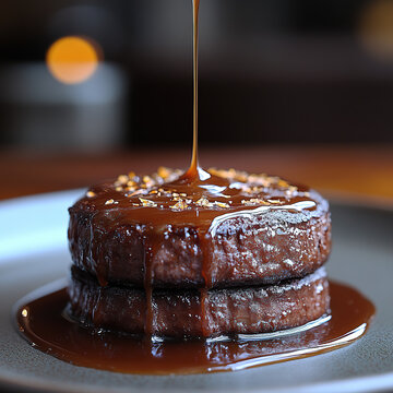 Caramel sauce pouring over dark chocolate fudge, 45&deg; side light showing viscosity trace, warmth of golden hour