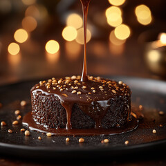 Obraz premium Caramel sauce pouring over dark chocolate fudge, 45° side light showing viscosity trace, warmth of golden hour