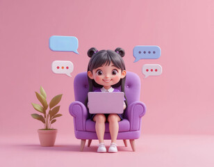 Cartoon Girl on Chair with Tablet Surrounded by Speech Bubbles