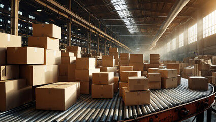 Stacks of cardboard boxes sit on a conveyor belt inside a large industrial warehouse.