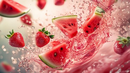 Refreshing Watermelon and Strawberry Juice Splash in a dynamic colorful explosion