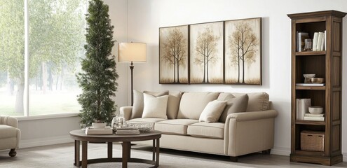 Living Room Interior with Sofa, Artwork, and Bookshelf