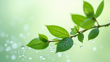 Obraz premium Minimalist composition of green leaves and water droplets, symbolizing freshness and purity