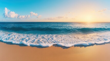 Fototapeta premium Panoramic view of a serene beach at sunset with gentle waves lapping against sandy shore under a vibrant sky filled with fluffy clouds and beauty