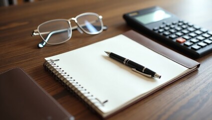 Office supplies notebook, pen, calculator, and glasses neatly arranged on a wooden desk