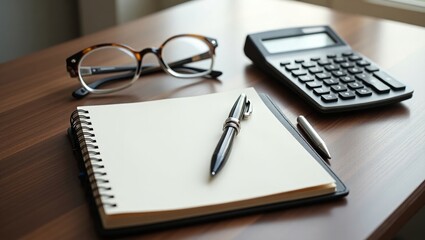Fototapeta premium Office supplies notebook, pen, calculator, and glasses neatly arranged on a wooden desk