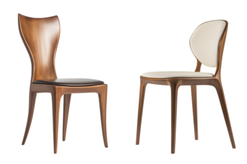 Scandinavian style dining chairs with wooden frame with  curved backrest isolated on white or transparent background
