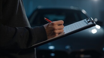 Writing vehicle inspection report on clipboard in garage with car in background.