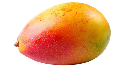 This is a close-up studio shot of a ripe mango, showcasing its red, yellow, and green colors.