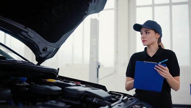 Auto mechanic inspecting engine with clipboard in repair shop.