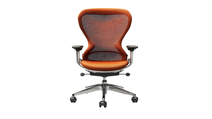 An isolated, front-view of an orange ergonomic office chair on a black background.