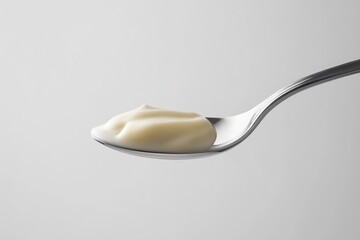 A spoonful of creamy, smooth mayonnaise, showcasing its texture and pale yellow color.