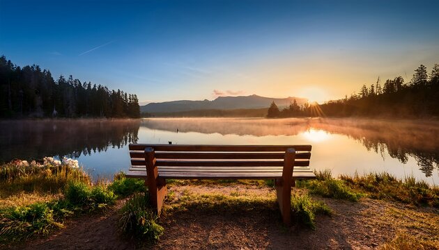 A wooden bench beside a peaceful lake at sunrise.