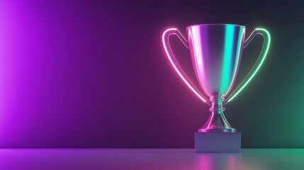 A shiny trophy illuminated by vibrant neon light against a dark background, symbolizing achievement