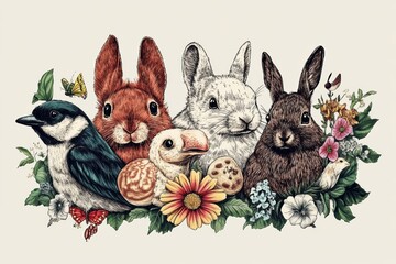 Fototapeta premium Adorable animals surrounded by spring flowers.