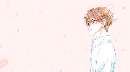 頬を染める男性　横側　桜吹雪