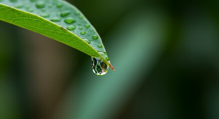 Water Droplet Hanging From Leaf with Reflection on Dark Background