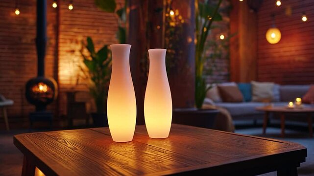 Warm light vases on wooden coffee table, brick interior