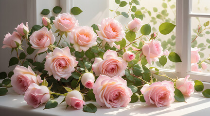 pink flowers besides a window