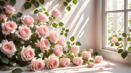 pink flowers besides a window