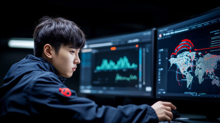 focused young man analyzes data on multiple screens in dark room, showcasing advanced technology and data visualization
