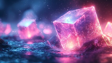 Abstract glowing crystal cubes in vibrant colors with sparkling effects on a mystical surface background
