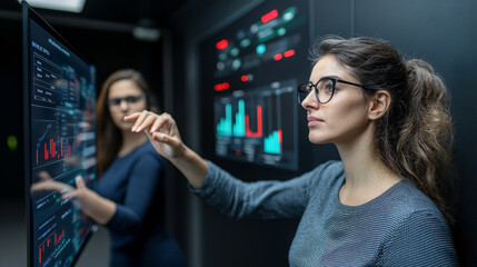 Innovative women interacting with digital data displays in modern workspace. Their focus and engagement highlight importance of technology in decision making