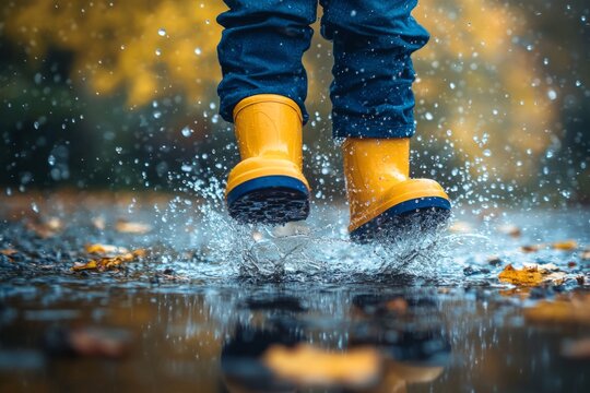 Child wearing yellow rubber boots enjoys jumping in a puddle in autumn, splashing water