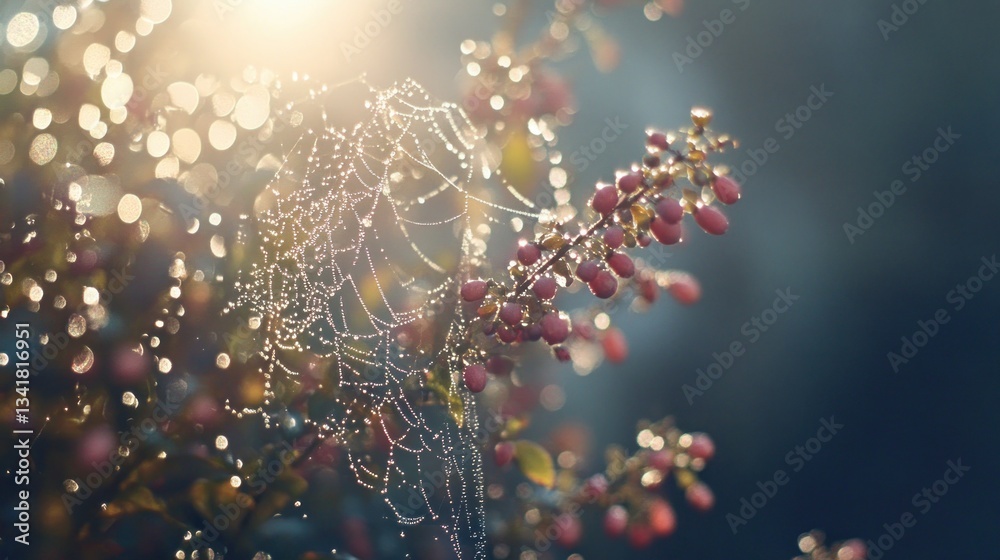 Aufkleber dew-covered spiderweb on a branch with red berries at sunrise.