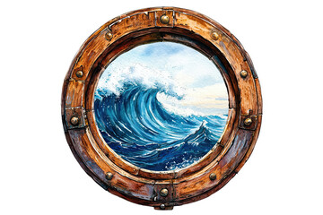 Obraz premium A circular porthole framing a dynamic ocean wave scene, showcasing the power and beauty of the sea.