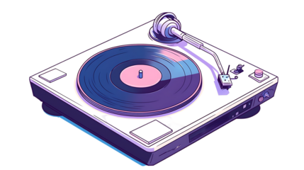 The image features a stylized, cartoon-like rendering of a white vinyl record player with a record spinning.