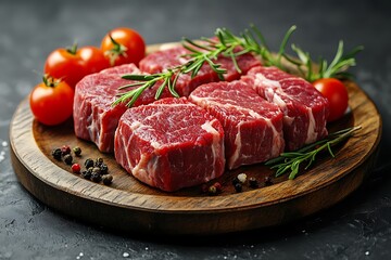 Fototapeta premium Juicy Raw Beef Steaks on Wooden Board with Rosemary and Tomatoes