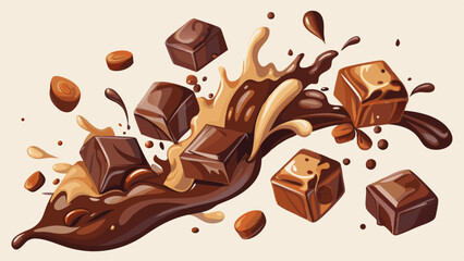 chocolate pieces falling captured in mid air, creating effect with chocolate liquid against neutral white background, perfect for food content