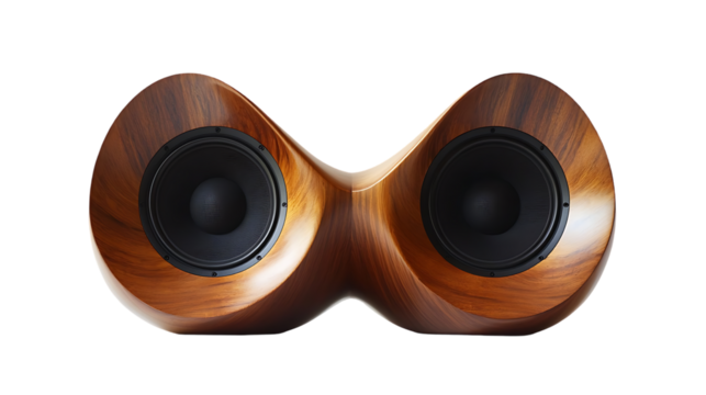 The image showcases a unique wooden stereo speaker system with two woofers, emphasizing its modern, sculpted design.