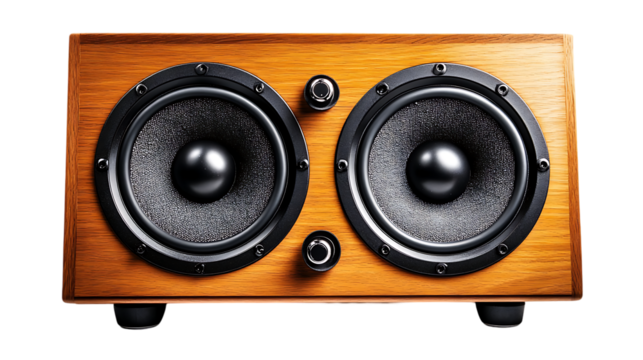 The image showcases a wooden speaker with two drivers and knobs, designed for high-quality audio reproduction.