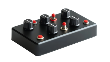 This image displays a black audio effects pedal with knobs, red buttons, and switches on a dark background.
