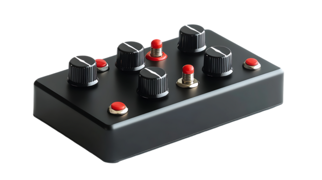 This image displays a black audio effects pedal with knobs, red buttons, and switches on a dark background.