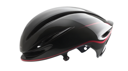 A sleek, black aerodynamic bicycle helmet with red accents, designed for performance and safety in cycling sports.