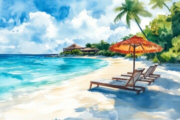 Obraz premium Seascape.Tropical beach with sea, white sand, sun loungers and a beach umbrella, summer vacation concept and background. Hand drawn horizontal watercolor illustration