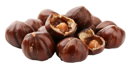 The image shows a cluster of whole and cracked chestnuts. One is opened, revealing the nut inside.