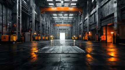 Gigantic hydraulic press crushing metal sheets in a heavy industrial facility, detailed textures