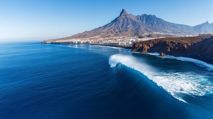 Fototapeta premium Aerial View of Ocean Wave Crashing on Rocky Coast near Mountain