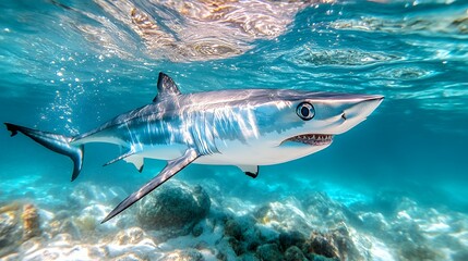 Fototapeta premium Swimming Shark Underwater Captured in Clear Blue Ocean Environment