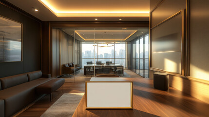 Stylish office environment with framed mockup poster and a glass-partitioned conference room, 3D render