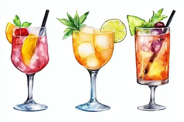 Fototapeta premium Set of watercolor hands holding summer aperitif cocktails glass simple sketch illustration on white background. DIY elements for bar menu, social media, collages and posters